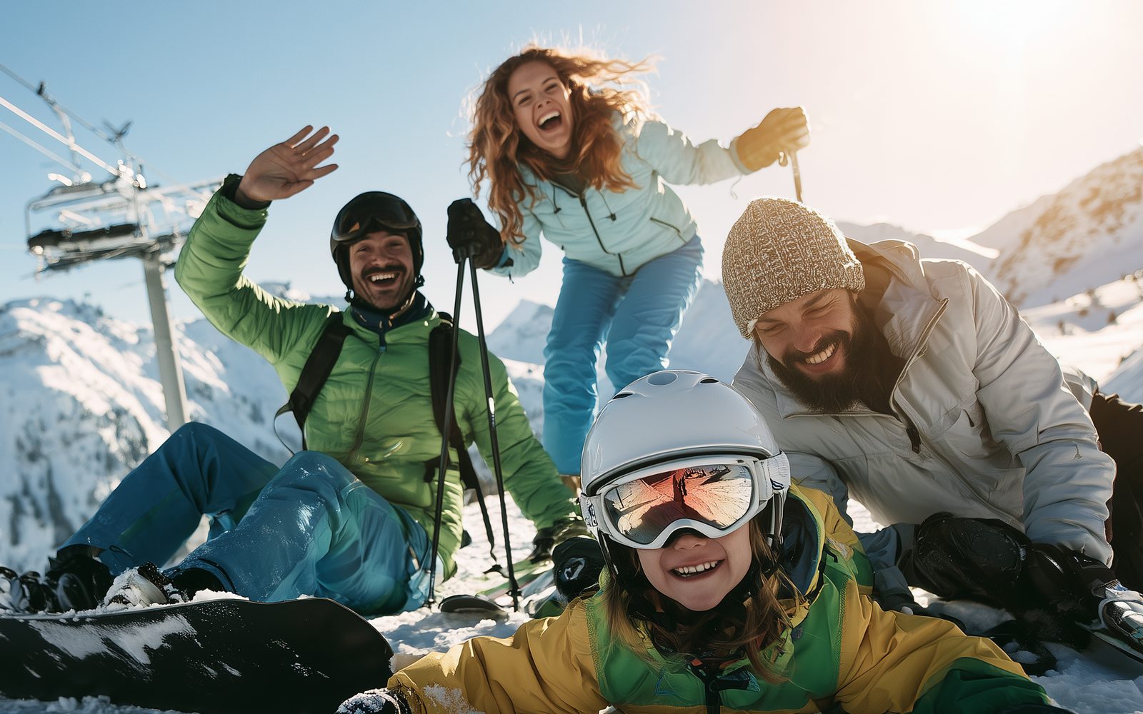 Familie und Freunde albern im Schnee herum