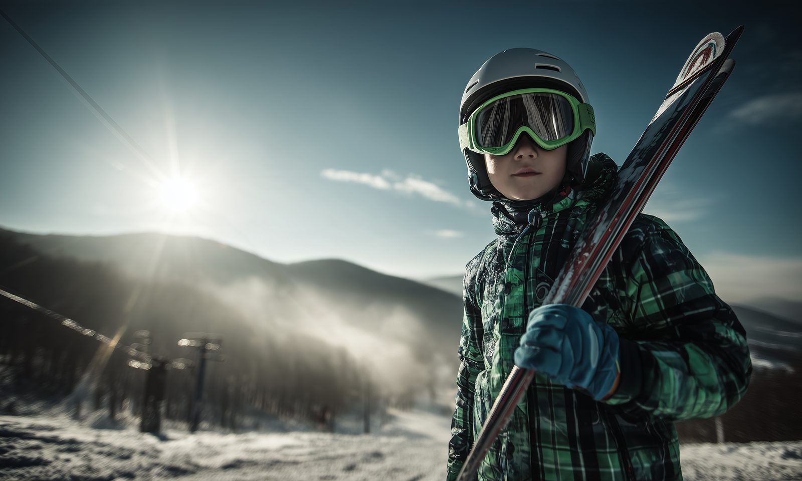 Bub mit Helm trägt seine Kinderski